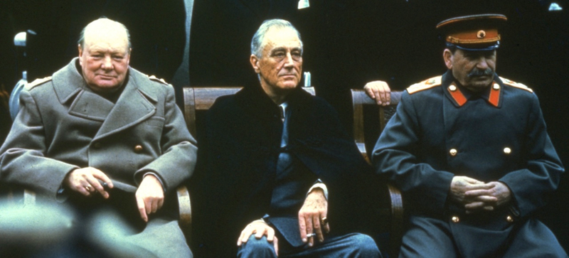 Winston Churchill, Franklin Delano Roosevelt and Joseph Stalin at the Yalta Conference in February of 1945 (Photo by Hulton Archive/Getty Images)